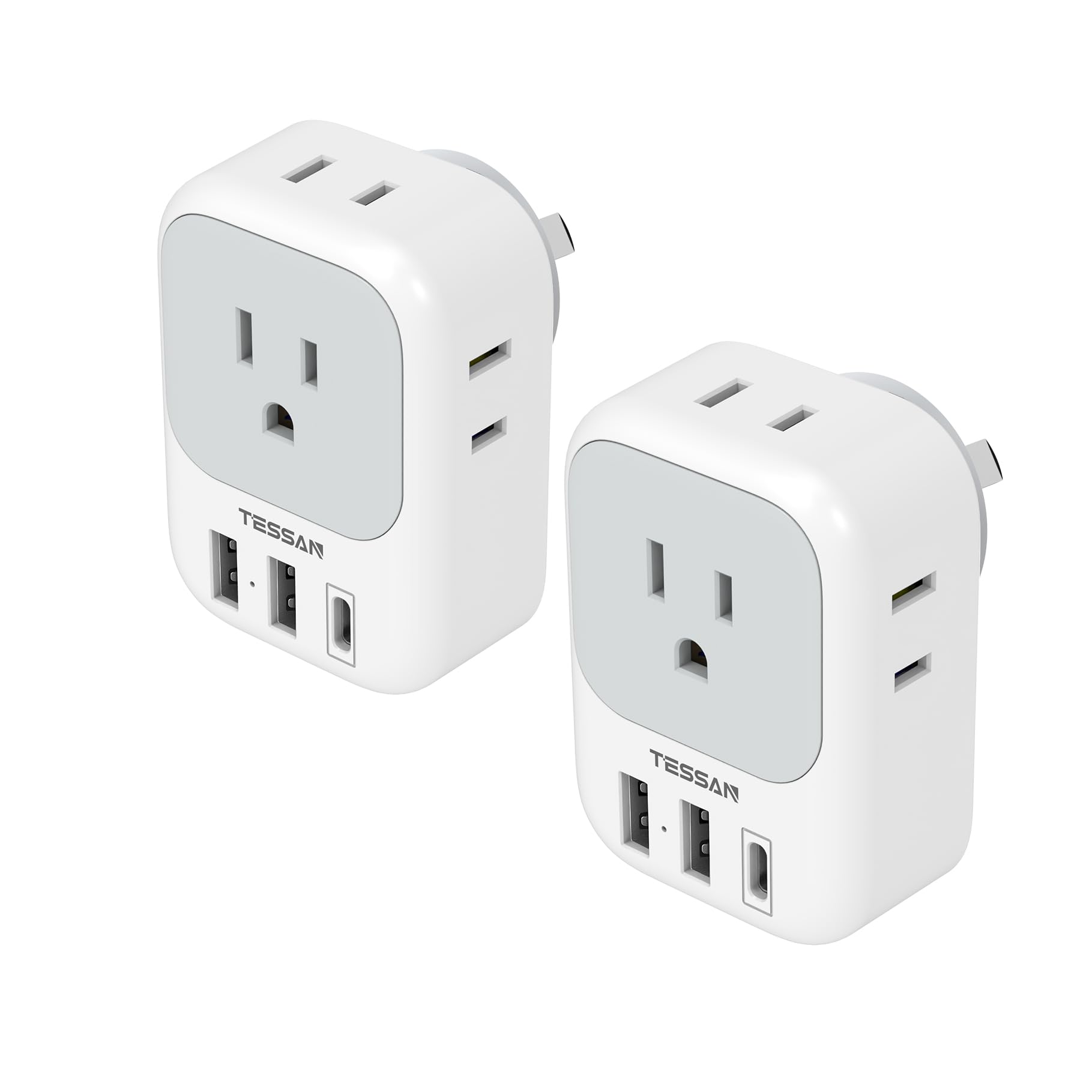 2 Pack European Travel Plug Adapter USB C, TESSAN US to Europe Plug Adapter with 4 Outlets 3 USB Charger (1 USB C Port), Type C Power Adaptor to Italy Spain France Portugal Iceland Germany, white gray