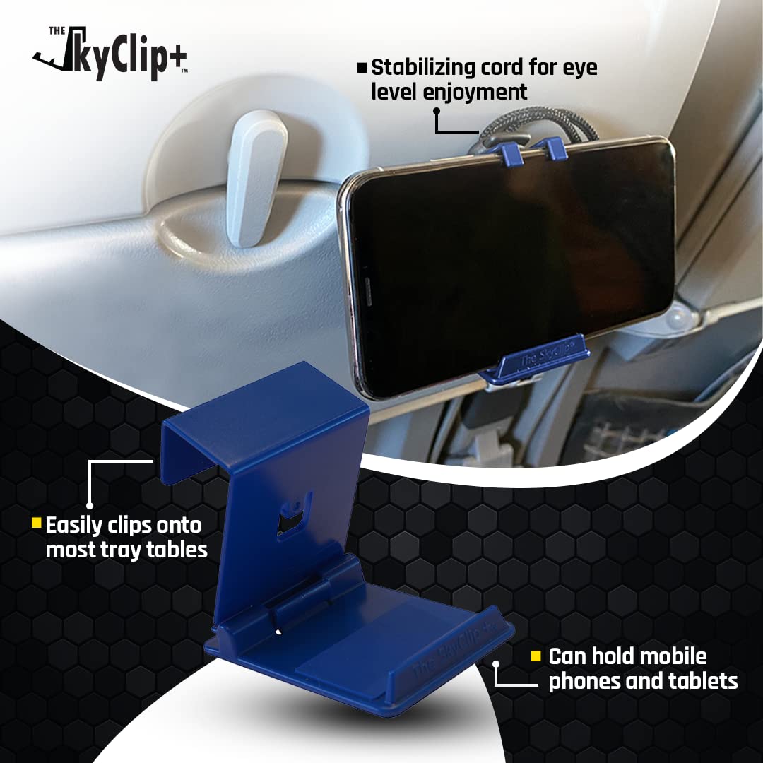 The SkyClip+ Phone & Tablet Holder for Air Travel, Home and Office Use - Inflight Phone Mount & Stand Compatible with iPhone, Android, Kindle and Tablets - Ultimate Travel Accessory (Blue)