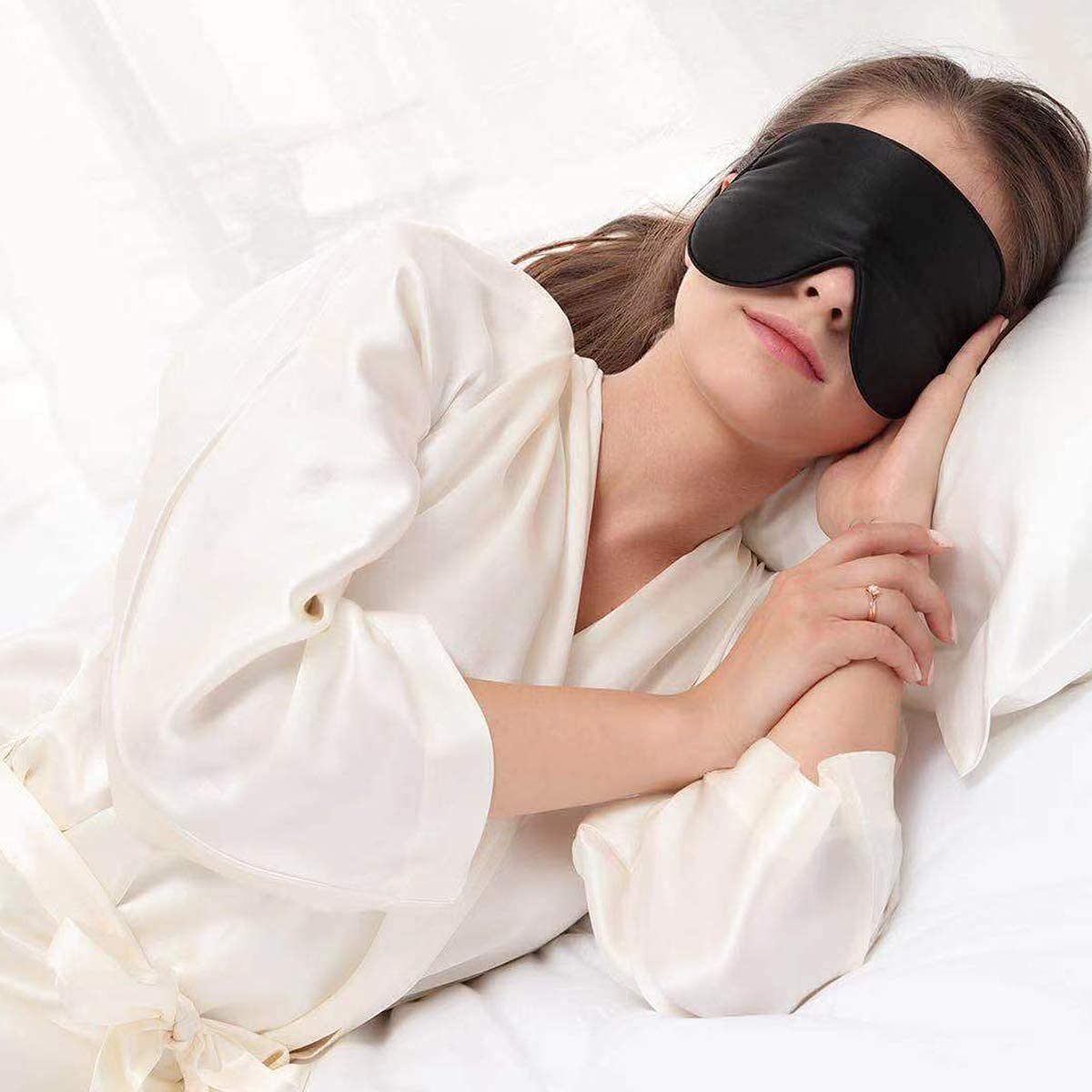 Alaska Bear Sleep Mask Silk Cover Eye Contour Built-in No Pressure for Sleeping, Upgrade Over Conventional Flat Satin Eye Masks, Machine Washable (Black)