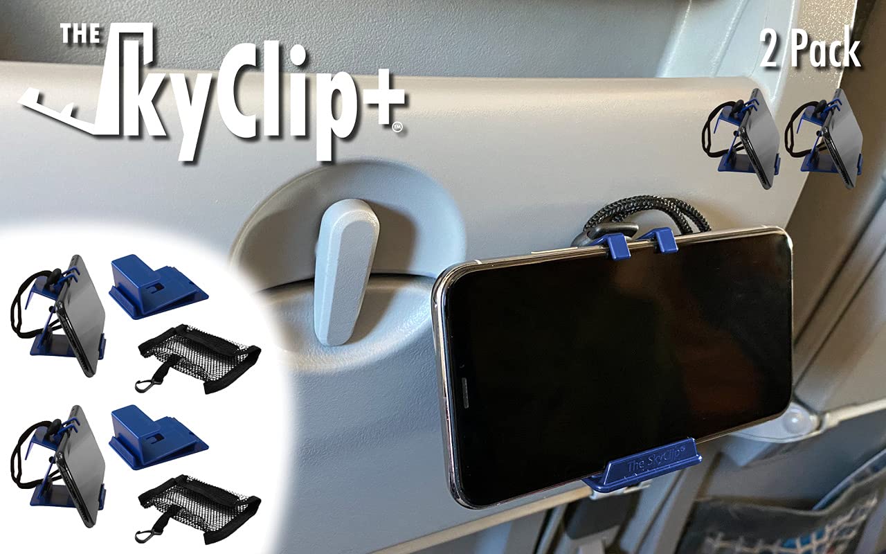 The SkyClip+ Phone & Tablet Holder for Air Travel, Home and Office Use - Inflight Phone Mount & Stand Compatible with iPhone, Android, Kindle and Tablets - Ultimate Travel Accessory (Blue)