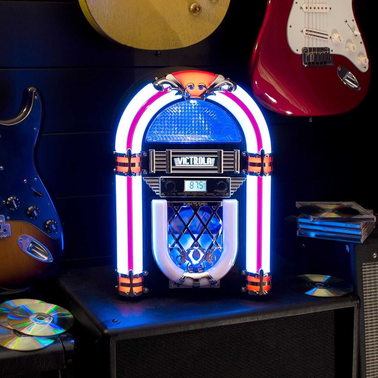 Victrola Nostalgic Wood Countertop Jukebox with Built-in Bluetooth Speaker, 50's Retro Vibe, 5 Bright Color-Changing LED Tubes, FM Radio, Wireless Music Streaming, AM/FM Radio, Aux Input B07RX8Y61W 115 $ Sight & Sound Old is The New Cool Old is The New Cool