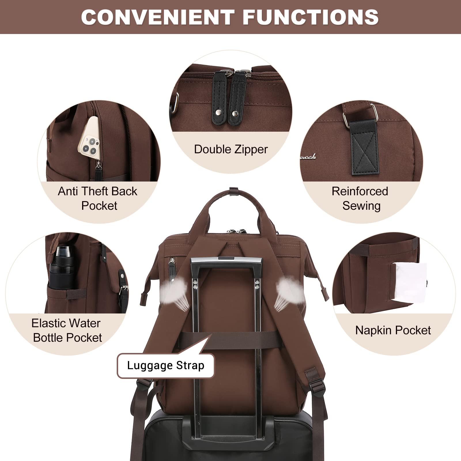 LOVEVOOK Laptop Backpack for Women Work Travel Backpack Purse, Commuter Business Computer Bag Teacher Nurse Bags, College School Backpack Student Bookbag with Multi-Pockets, 15.6 Inch, Black-brown