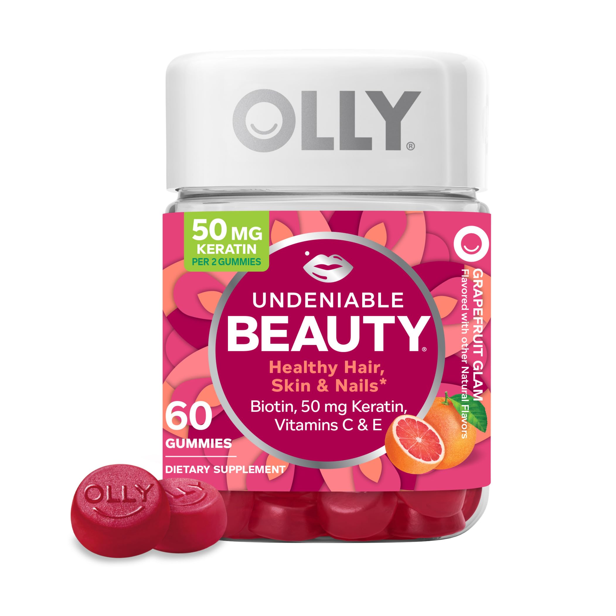 OLLY Undeniable Beauty Gummy, For Hair, Skin, Nails, Biotin, Vitamin C, Keratin, Chewable Supplement, Grapefruit, 30 Day Supply - 60 Count