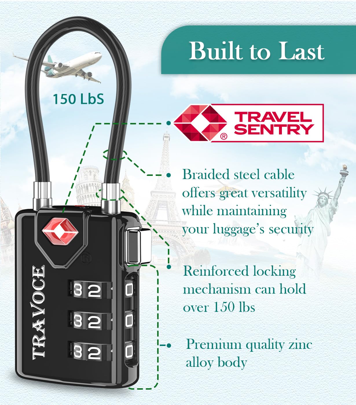 Search Alert TSA Approved Travel Combination Luggage Cable Locks for Suitcase, Gym Locker,Toolbox,Backpack 1,2,4,6 &10 pk