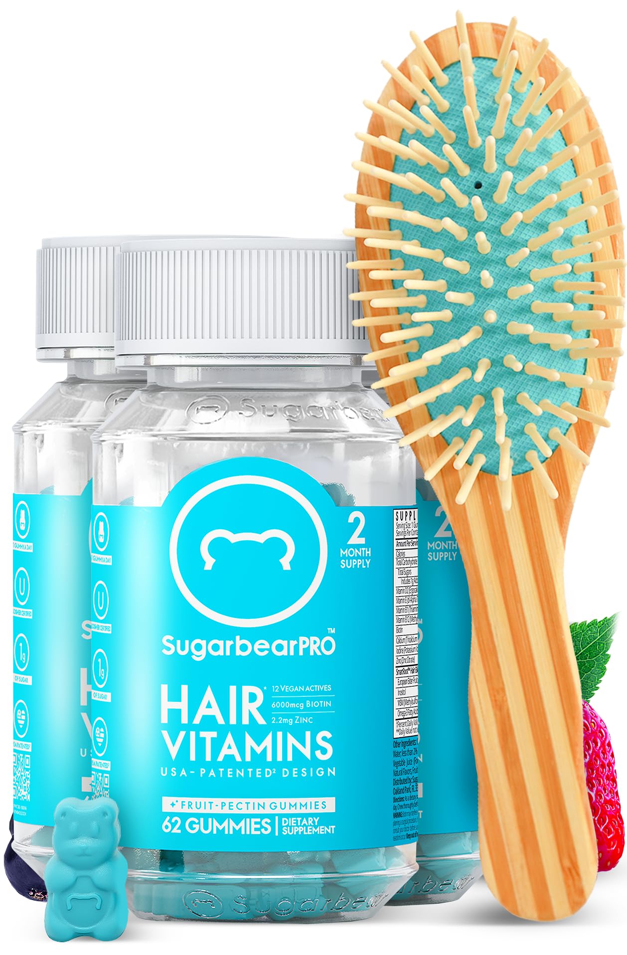 Sugarbear Hair Vitamin Gummy 2 Month Supply Extra Strength Biotin 6000mcg, Growth for Men & Women, Vegan Vitamin B12, MSM, Inositol, Omega 3, Elderberry, Certified Kosher, Halal, Cruelty-Free