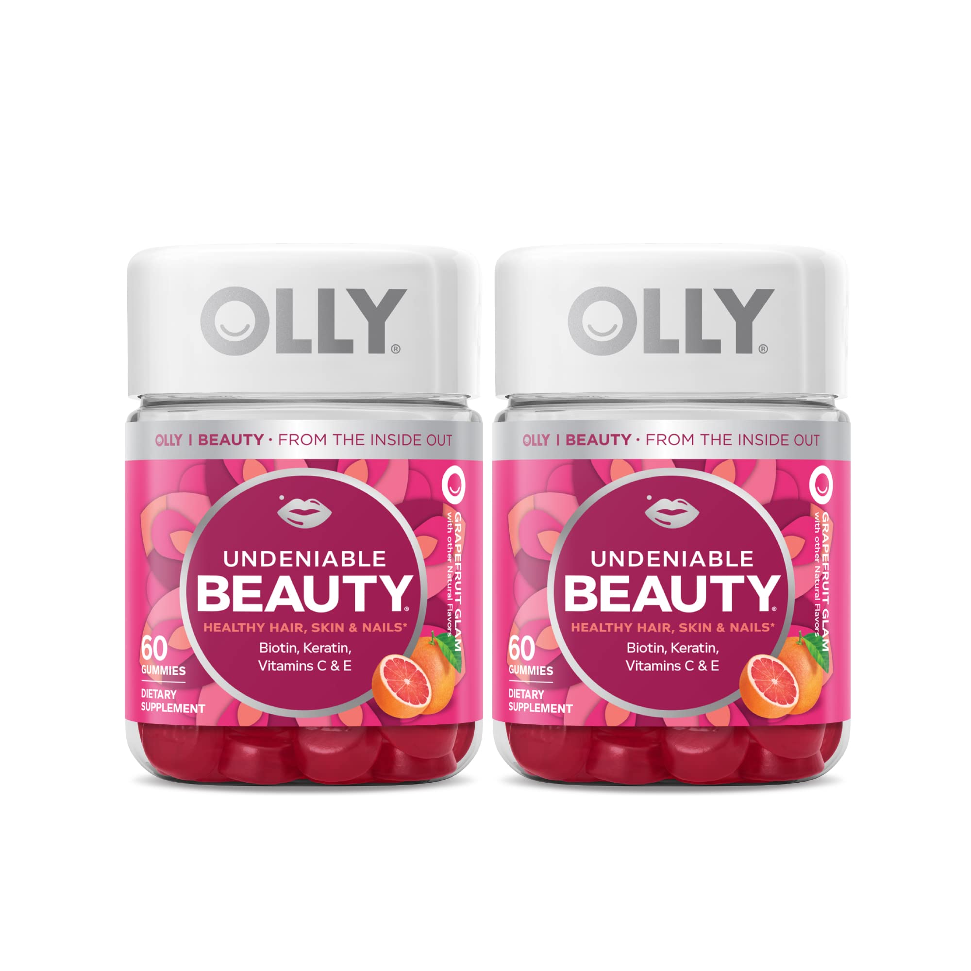 OLLY Undeniable Beauty Gummy, For Hair, Skin, Nails, Biotin, Vitamin C, Keratin, Chewable Supplement, Grapefruit, 30 Day Supply - 60 Count