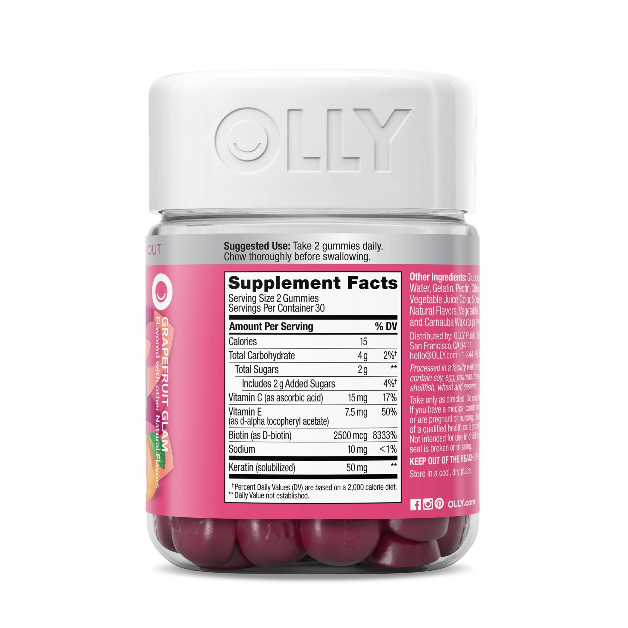 OLLY Undeniable Beauty Gummy, For Hair, Skin, Nails, Biotin, Vitamin C, Keratin, Chewable Supplement, Grapefruit, 30 Day Supply - 60 Count