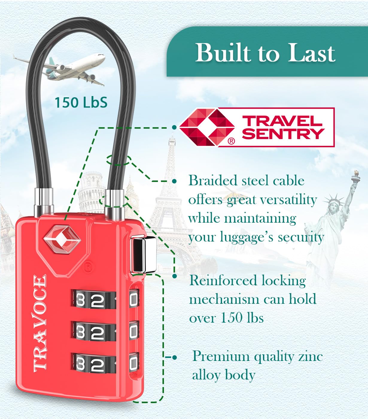 Search Alert TSA Approved Travel Combination Luggage Cable Locks for Suitcase, Gym Locker,Toolbox,Backpack 1,2,4,6 &10 pk