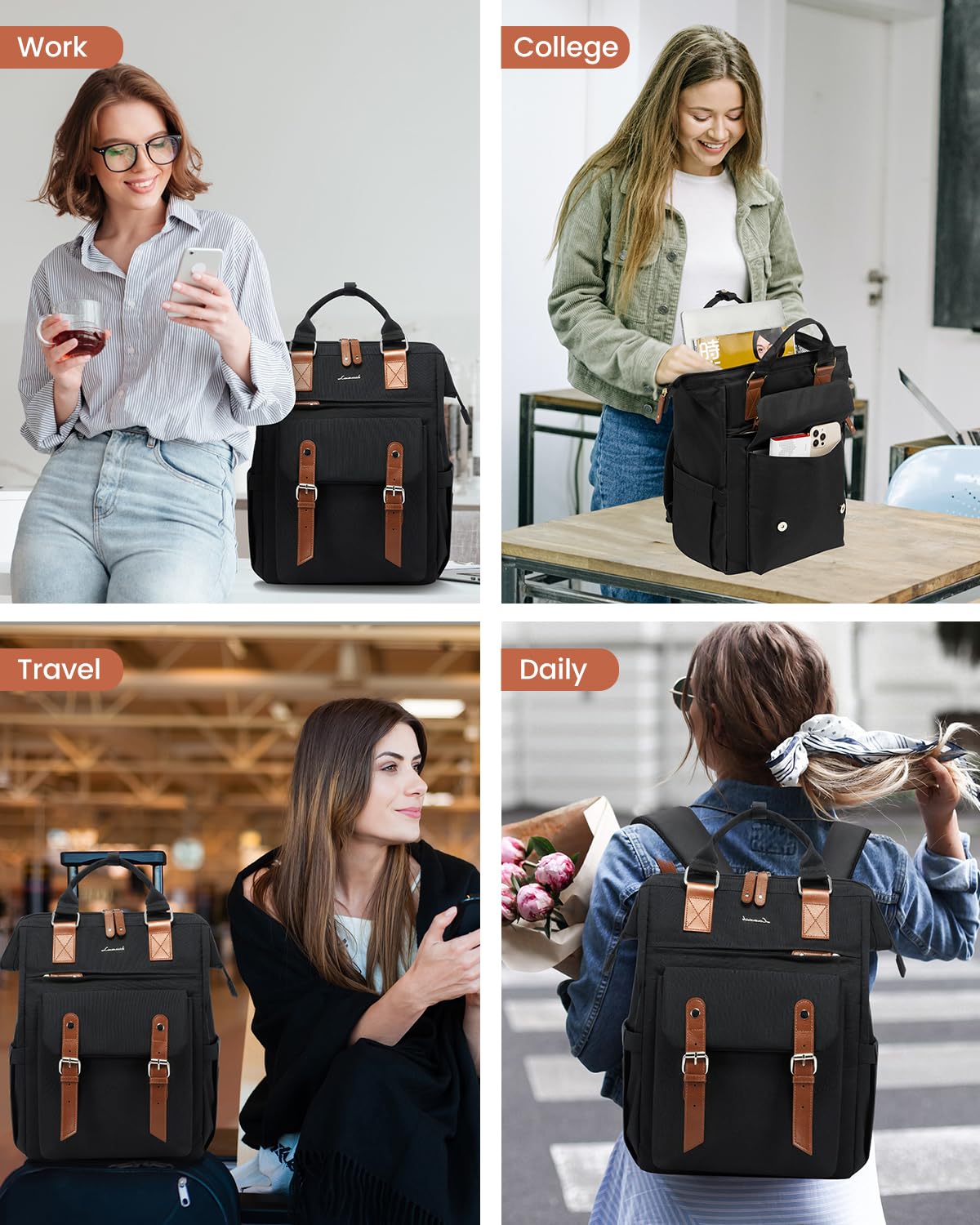 LOVEVOOK Laptop Backpack for Women Work Travel Backpack Purse, Commuter Business Computer Bag Teacher Nurse Bags, College School Backpack Student Bookbag with Multi-Pockets, 15.6 Inch, Black-brown