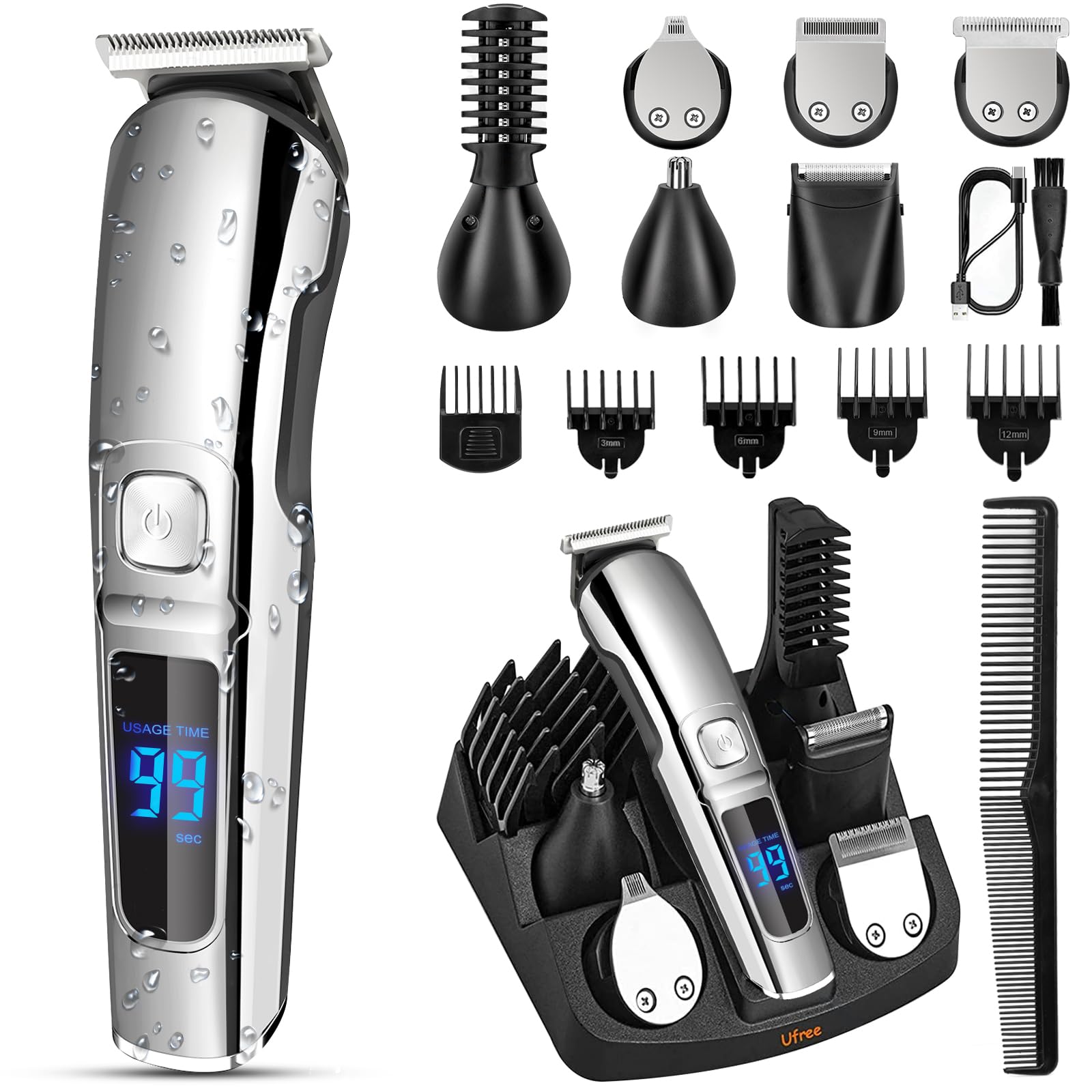 Ufree Beard Trimmer for Men, Waterproof Electric Razor for Nose, Body, Face and Mustache, Cordless Hair Clippers Shavers for Men Grooming Kit, Gifts for Men Husband Father