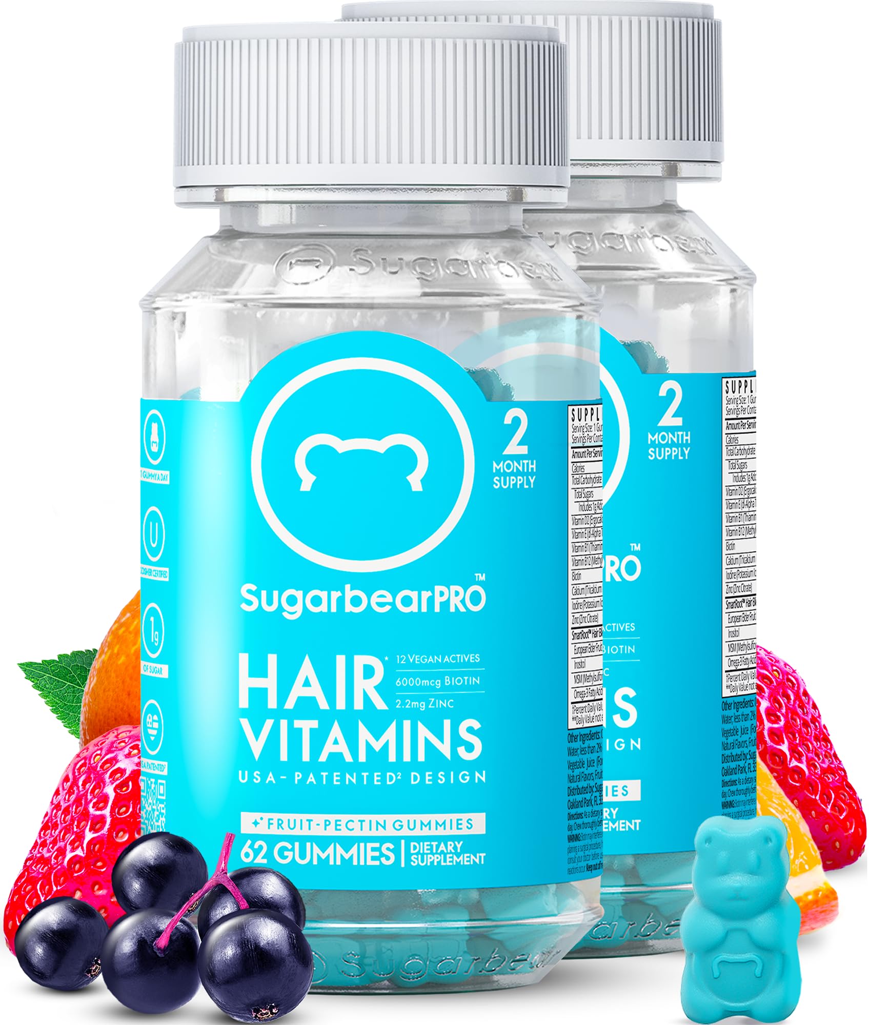 Sugarbear Hair Vitamin Gummy 2 Month Supply Extra Strength Biotin 6000mcg, Growth for Men & Women, Vegan Vitamin B12, MSM, Inositol, Omega 3, Elderberry, Certified Kosher, Halal, Cruelty-Free