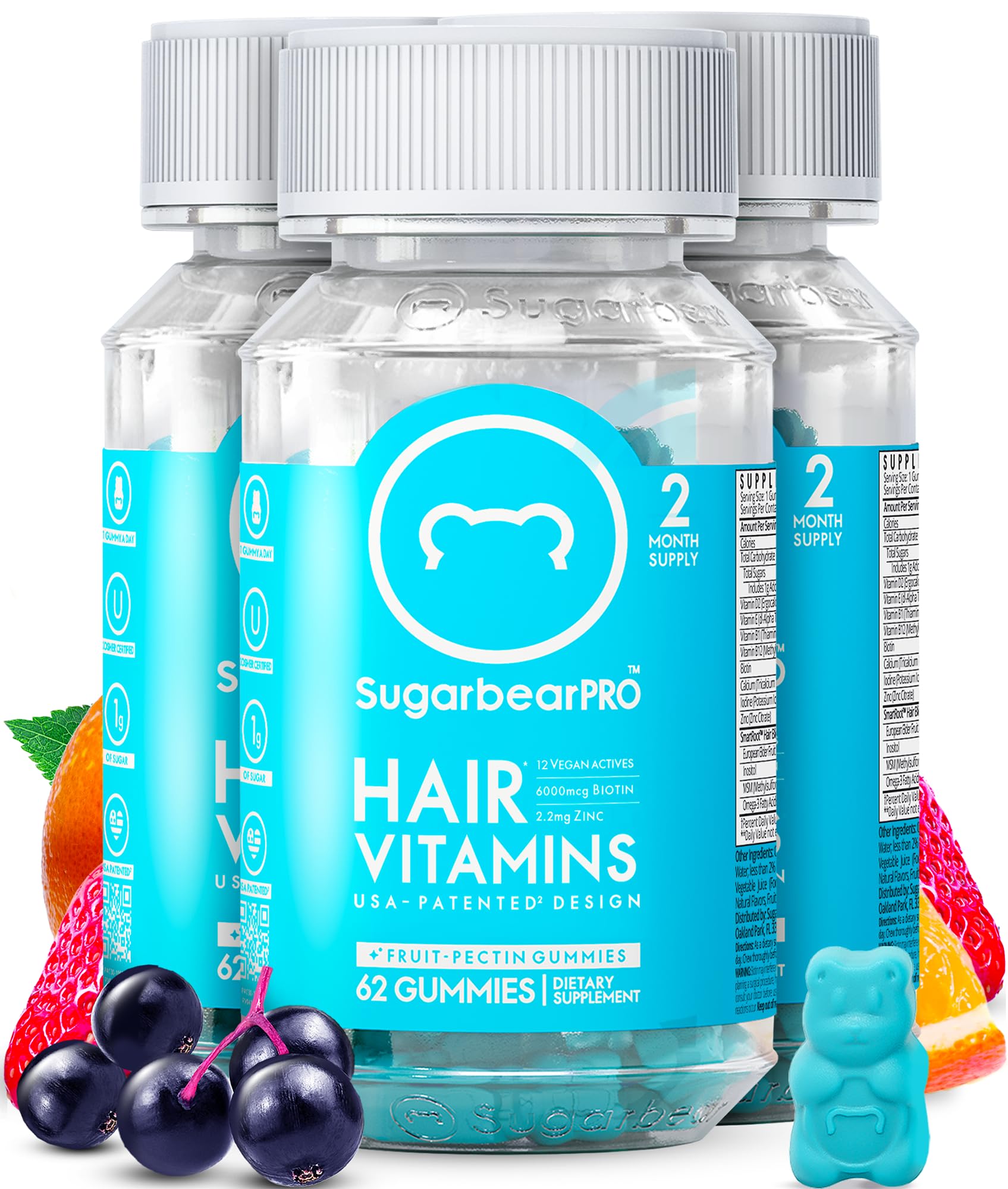 Sugarbear Hair Vitamin Gummy 2 Month Supply Extra Strength Biotin 6000mcg, Growth for Men & Women, Vegan Vitamin B12, MSM, Inositol, Omega 3, Elderberry, Certified Kosher, Halal, Cruelty-Free