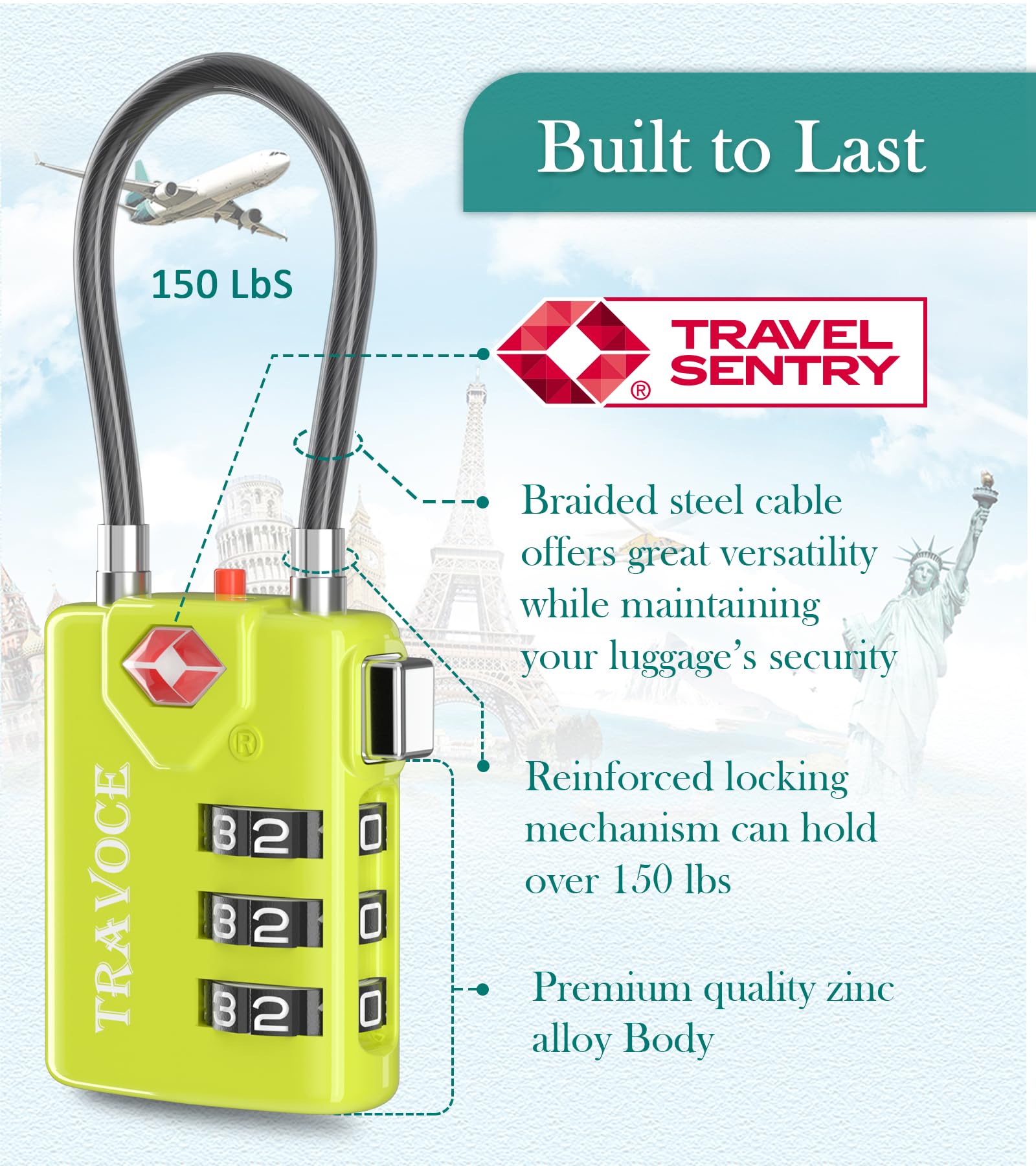 Search Alert TSA Approved Travel Combination Luggage Cable Locks for Suitcase, Gym Locker,Toolbox,Backpack 1,2,4,6 &10 pk