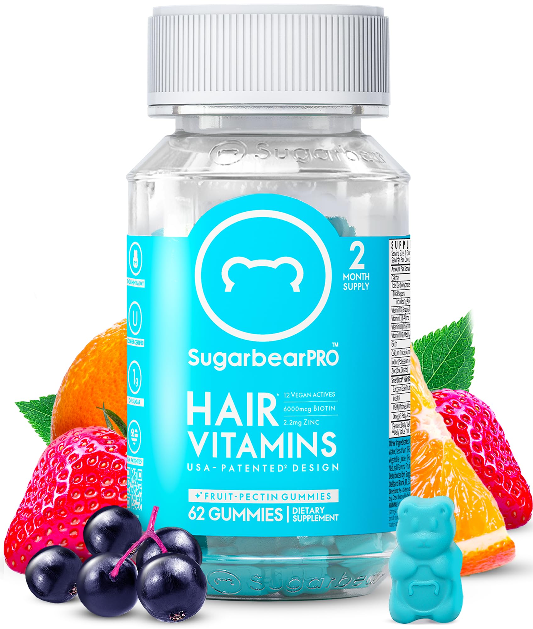 Sugarbear Hair Vitamin Gummy 2 Month Supply Extra Strength Biotin 6000mcg, Growth for Men & Women, Vegan Vitamin B12, MSM, Inositol, Omega 3, Elderberry, Certified Kosher, Halal, Cruelty-Free